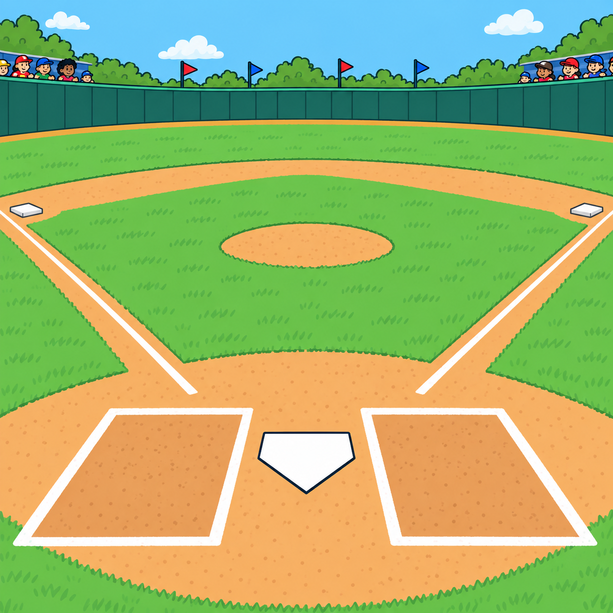 A baseball field viewed from home plate