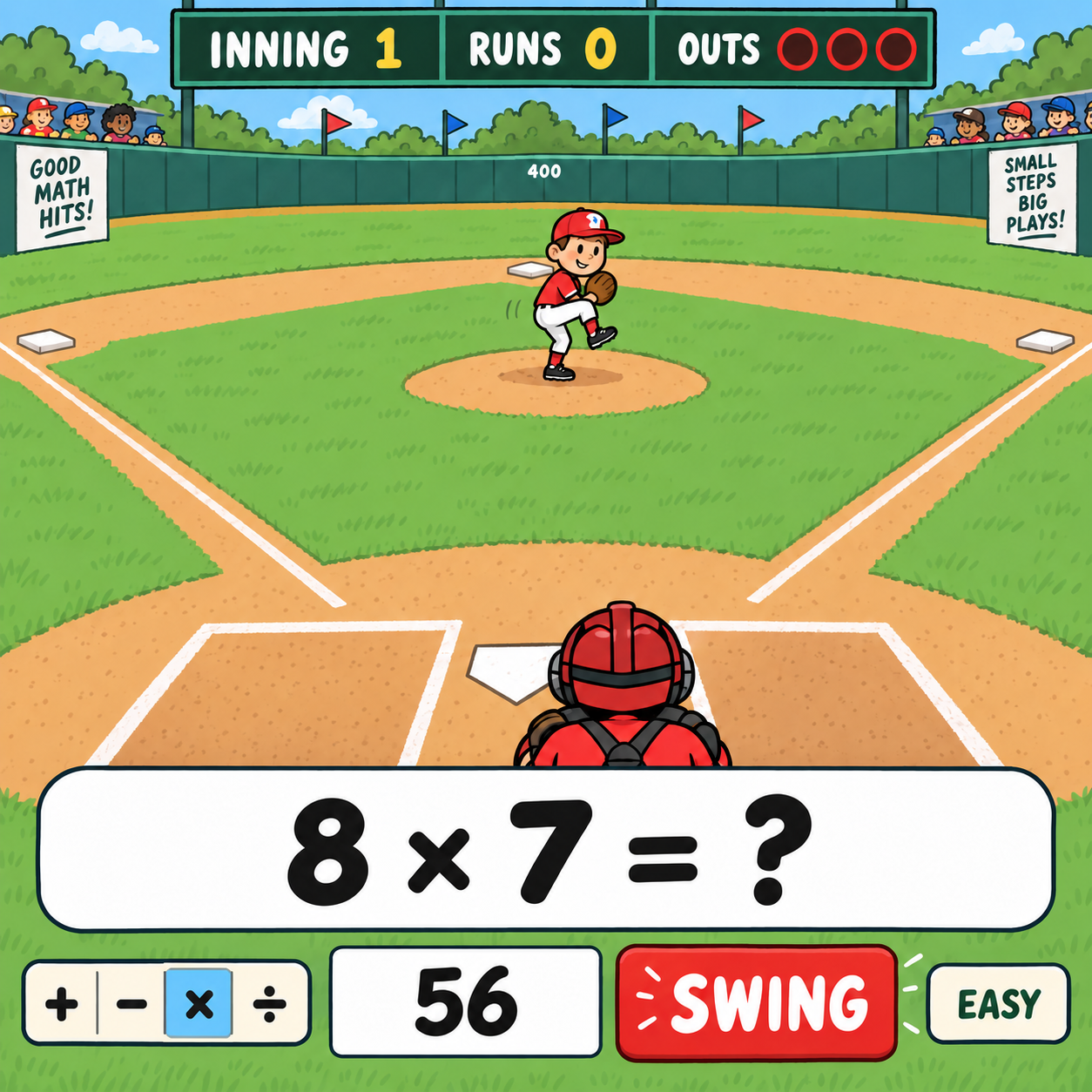 A colorful baseball field with a batter facing a pitcher